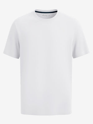 3d view of garment in white of men's short sleeve slim fit roma knit t-shirt.