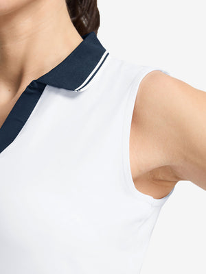Detail view of armhole on white women's collared v neck quick dry tank tops