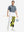 Full front: model in grayish blue flower stretch printed collarless henley golf shirts holding golf ball.