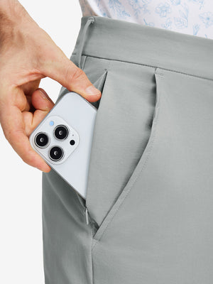 Detail view of double pockets on rose dust stretch cotton blend slim fit golf trousers 5 pockets