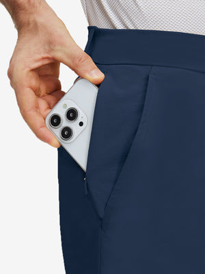 Detail view of inner front pocket on dark blue flat front flex cotton blend golf shorts
