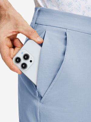 Detail view of double pockets on sky blue stretch cotton blend slim fit golf trousers 5 pockets
