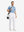 Front full body shot of model exercising in blue white abstract maze premium ribbed collar print polo shirts