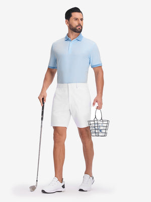Front full body shot of model exercising in light blue moisture wicking jacquard golf shirts