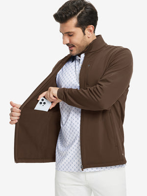 Close-up of hand in pocket on lightweight casual fleece jacket with 5 pockets, coffee brown fabric detail