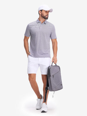 Front full body shot of model wearing light purple white comfy breathable pin-stripe texture golf polos