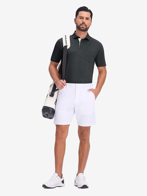 Front full body with golf bag in black heather of performance heather contrast collar polo shirts.