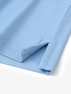 Hem slit detail of Everyday Collarless Jersey Shirt in LIGHT BLUE.