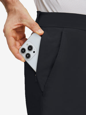 Detail view of inner front pocket on black flat front flex cotton blend golf shorts