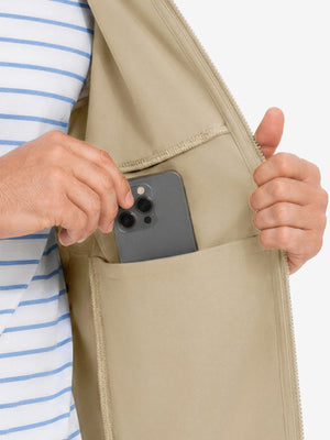 Close-up of inner pocket structure of garment, lightweight upf50+ short sleeve golf vests jacket in khaki