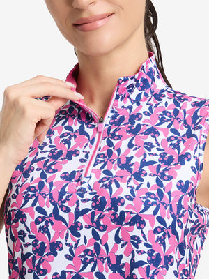Detail view of neck zipper on rose red florals women's sleeveless q-zip print quick dry golf tops
