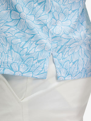 Detail view of hem on blue antichoke premium ribbed collar print polo shirts