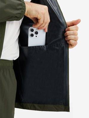 Detail view of inner pocket on army green waterproof lightweight rain jacket with hood