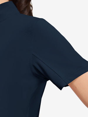 Detail view of cuff on navy women's breathable 1/4 zip pullover golf shirts