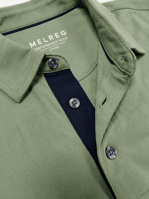 Collar and button detail close-up, ultra-comfort slim fit roma knit polo shirts in green grey