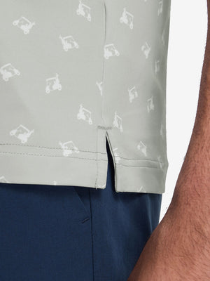 Detail view of hem on grey golf car premium ribbed collar print polo shirts