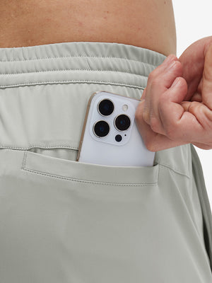 Back view of pocket on silver gray 4 way stretch breathable workout athletic shorts