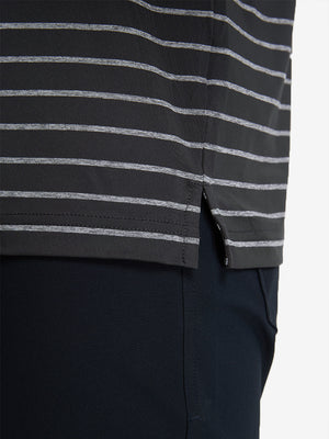 Detail view of hem on stretch limo/ltgrey heathernon-curl ribbed collar striped polo shirts