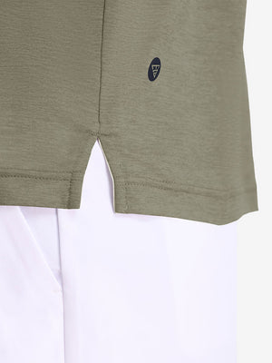 Hem detail close-up in taupe heather of performance heather contrast collar polo shirts.
