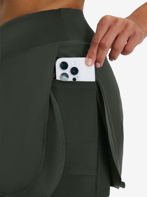 Detail view of side pocket on army green women's gym golf shorts with liner pocket