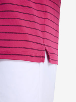 Detail view of hem on beetroot purple/charcoal htr non-curl ribbed collar striped polo shirts