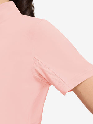 Detail view of cuff on coral powder women's breathable 1/4 zip pullover golf shirts