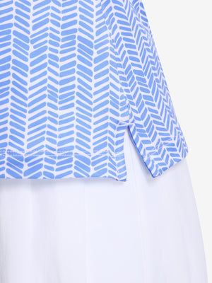 Detail view of hem on white blue stripes women's sleeveless q-zip print quick dry golf tops