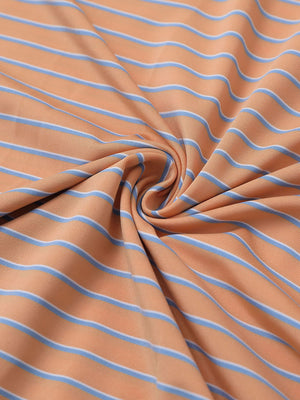 Close-up of orange/carolina blue popular yarn dyed stripe polo fabric showing crisp lines and soft texture.