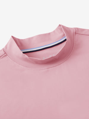 Detail view of mock neck on lavender women's moisture-wicking mock neck sleeveless golf tops