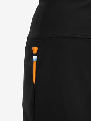 Side detail of black high waist built-in short a-line golf skirt with 5 pockets