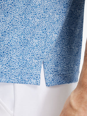Detail view of hem on blue white abstract maze premium ribbed collar print polo shirts
