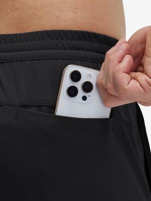 Back view of pocket on black 4 way stretch breathable workout athletic shorts