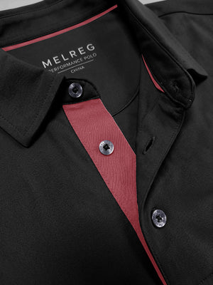 Collar and button detail close-up, ultra-comfort slim fit roma knit polo shirts in black