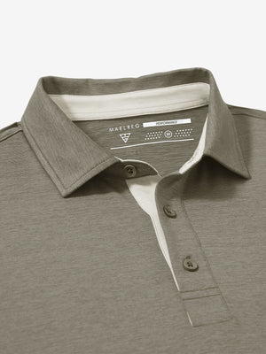Collar and button detail close-up in taupe heather of performance heather contrast collar polo