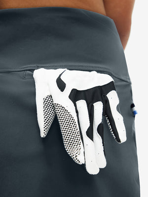 Back view of pocket on dark grey high waist built-in short a-line golf skirt with 5 pockets
