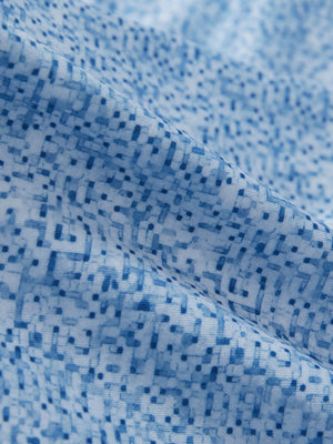Close-up texture of blue white abstract maze premium ribbed collar print polo shirts fabric showing detailed premium material and weave.