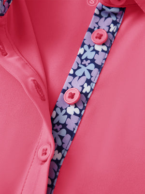 Detail view of collar and buttons on rose women's 5 buttons collared polo shirts