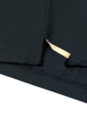 Hem detail close-up in dark gray of nylon blend casual jacquard polo shirts.