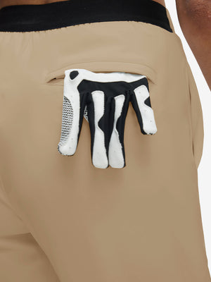Back view of pocket on light khaki women's lightweight athletic sweatpants