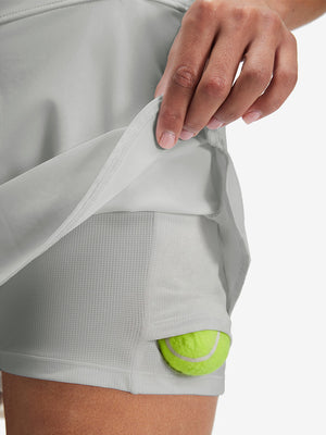 Inside view of pocket on glacier grey high waist built-in short a-line golf skirt with 5 pockets