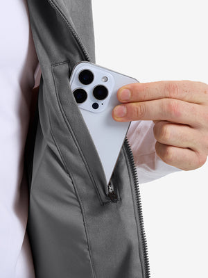 Close-up view of neutral grey classic micro suede leather puffer vest inner pocket detail