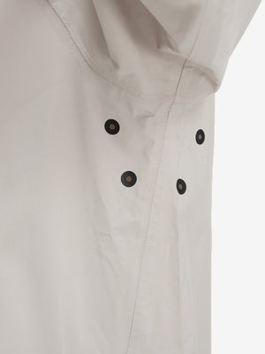 Detail view of underarm on khaki grey waterproof lightweight rain jacket with hood