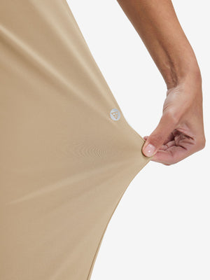 View showing loose fit of light khaki women's lightweight athletic sweatpants