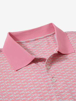 Detail view of collar on pink small fish premium ribbed collar print polo shirts