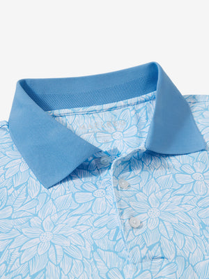 Detail view of collar on blue antichoke premium ribbed collar print polo shirts