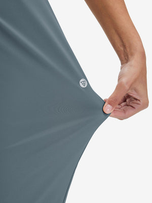 View showing loose fit of grey blue women's lightweight athletic sweatpants