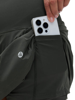 Detail view of inner pocket on dark grey women's stretch a-line golf skort with 7 pockets