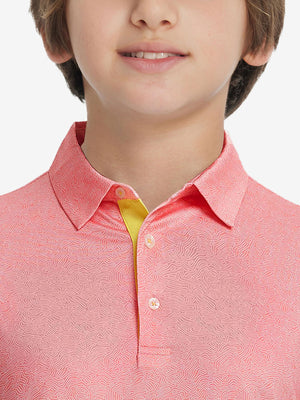 Collar close-up of Stylish print boys polo shirts with neat stitching in candy pink line