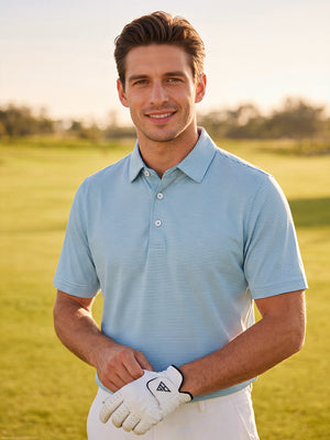 Model relaxing outdoors in blue white comfy breathable pin-stripe texture golf polos