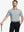Front half-body shot of model holding golf club, wearing Sport Fit Stripe Polo in Grey White Stripe